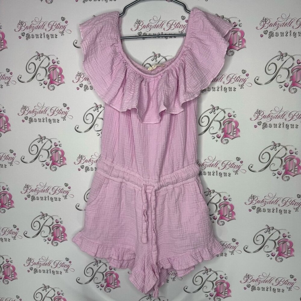 Ocean drive romper shorts off shoulder pink ruffle frilly waist tie up frills